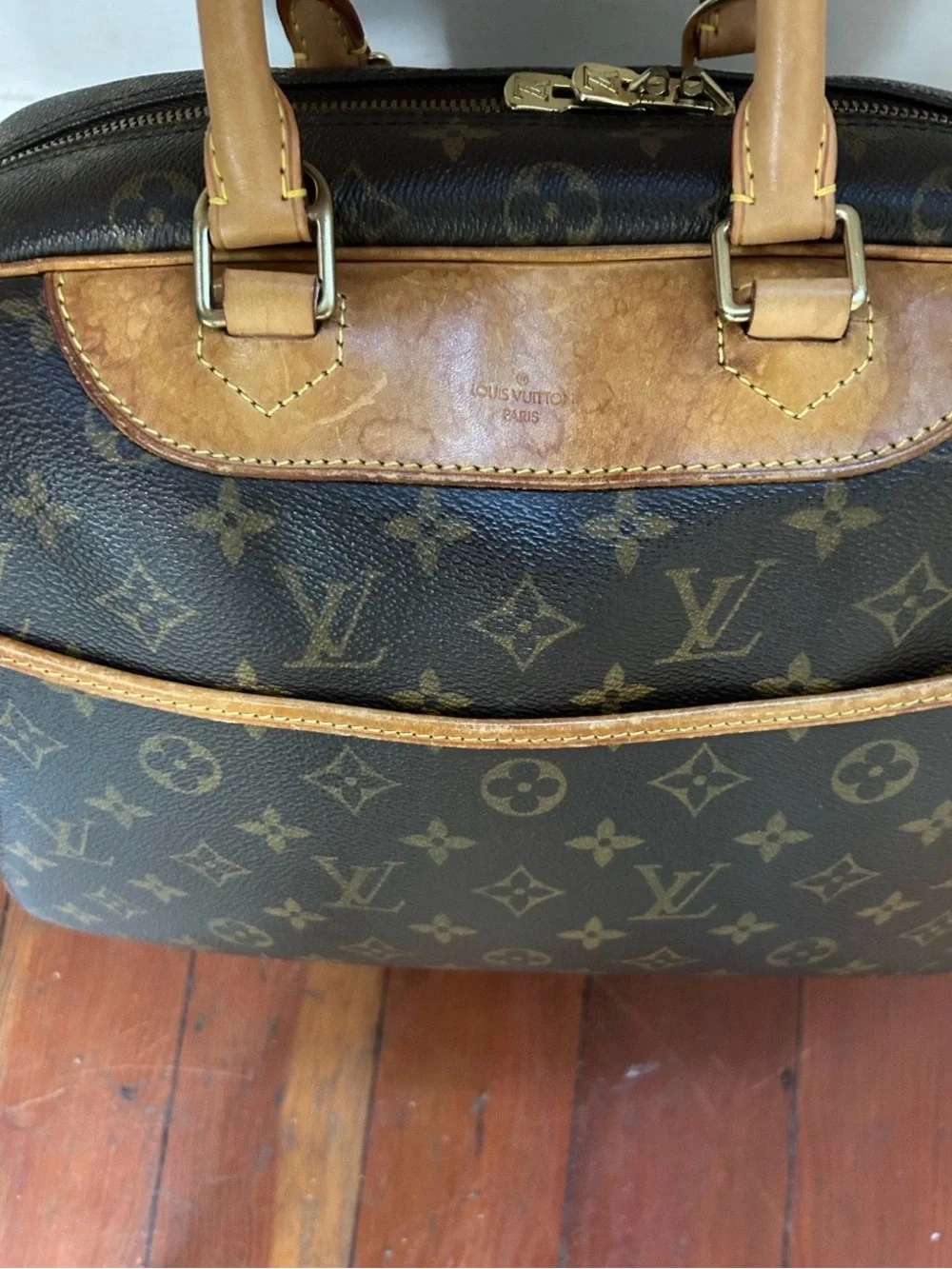 Louis Vuitton Brown Monogram Satchel with Natural Leather Handles Deauville